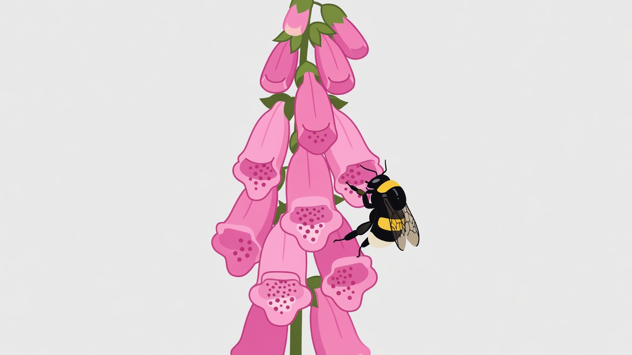 Flache Vektorillustration einer Erdhummel, die in eine pinkfarbene Fingerhutblüte klettert