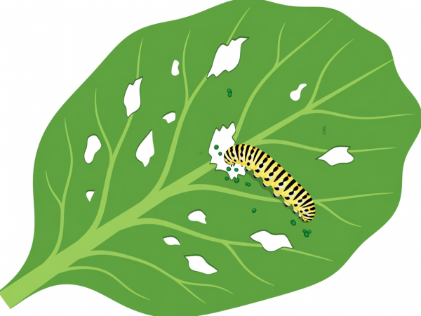 Flache Vektorillustration eines Kohlblatts mit zerfetzten Löchern, grünen Kotkügelchen und einer gestreiften Raupe
