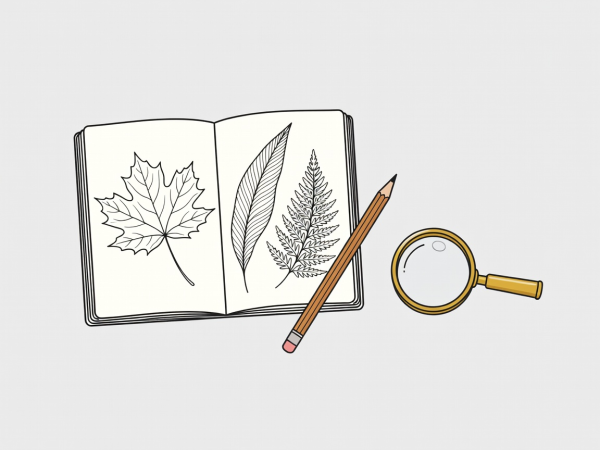 Flat vector illustration of an open field notebook with leaf sketches, a pencil and a brass hand lens