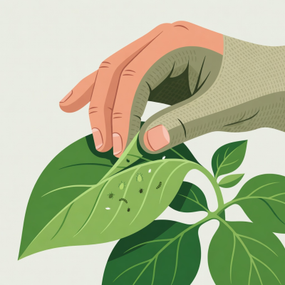 Flache Vektorillustration einer Gärtnerhand, die ein Blatt umdreht und Insekten auf der Unterseite zeigt