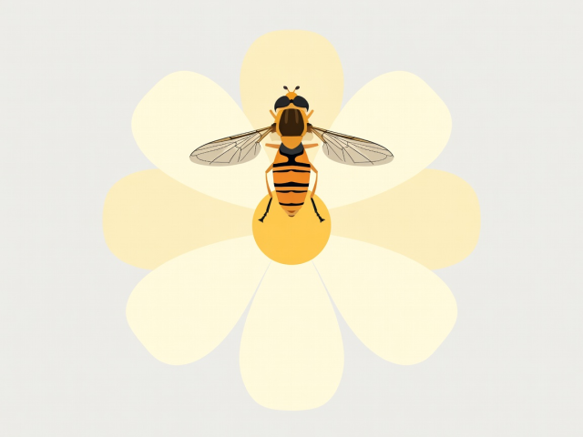 Flache Vektorillustration einer gestreiften Gemeinen Schwebfliege, die über einer offenen cremefarbenen Blüte schwebt
