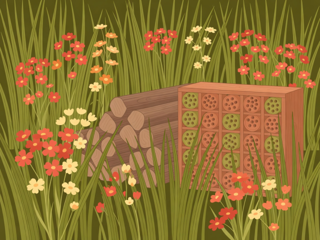 Flache Vektorillustration eines Wildblumenbeets mit langem Gras, einem Totholzhaufen und einem Wildbienenhotel in Terrakotta- und Olivtönen