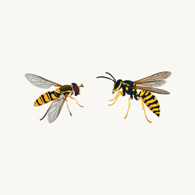 Flat vector illustration comparing a hoverfly with one pair of wings beside a wasp with two pairs and longer antennae