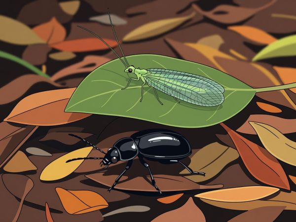 Flache Vektorillustration einer blassgrünen Florfliege auf einem Blatt über einem glänzenden schwarzen Laufkäfer in der Laubstreu