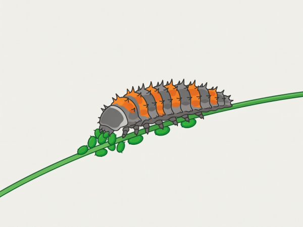Flache Vektorillustration einer stacheligen grau-orangefarbenen Marienkäferlarve, die an einem Stängel grüne Blattläuse frisst
