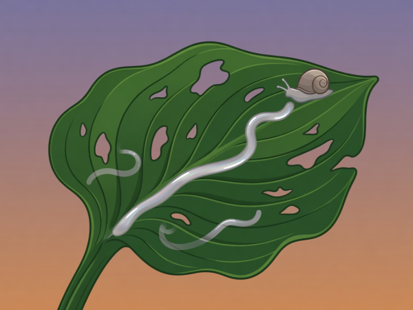 Flat vector illustration of a hosta leaf with irregular holes, a silvery slime trail and a snail at dusk
