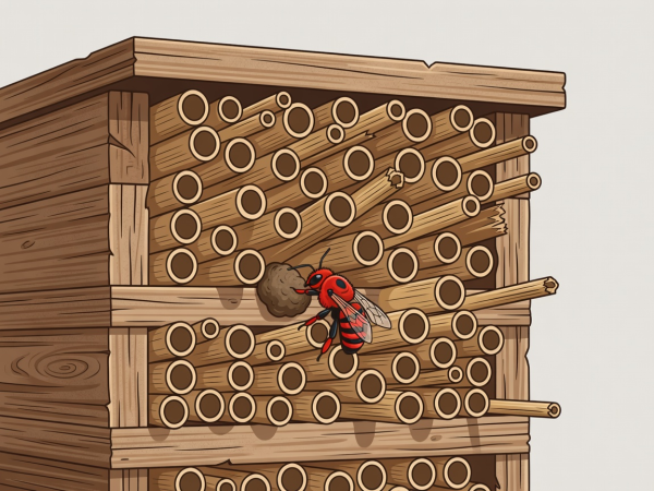 Flat vector illustration of a wooden bee hotel with hollow stems, one sealed with mud by a red mason bee